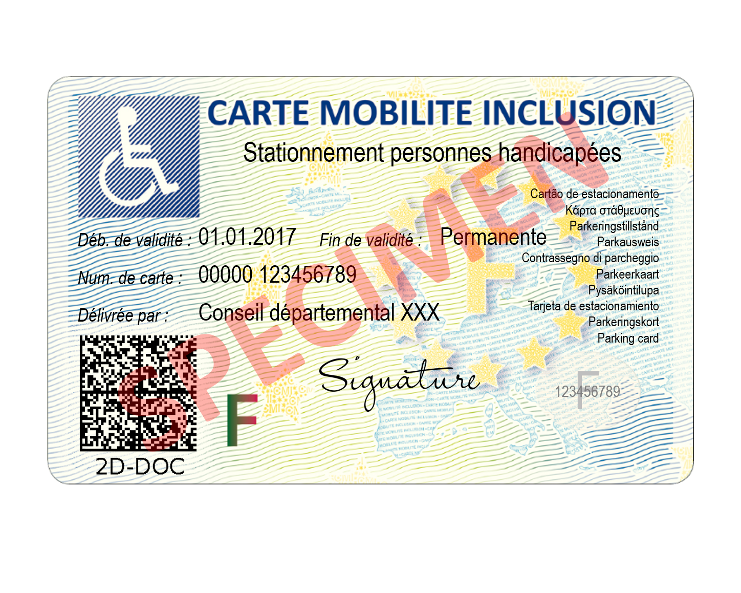 Photo d'une carte de mobilité inclusion donnant accès aux places de stationnement de personnes handicapées